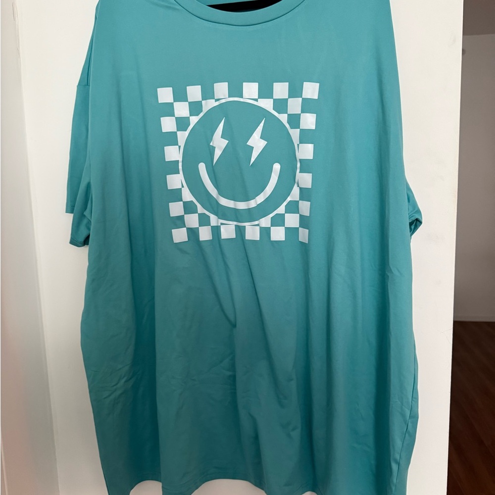 SHEIN Turquoise Tee with Smiley and Checkered Design